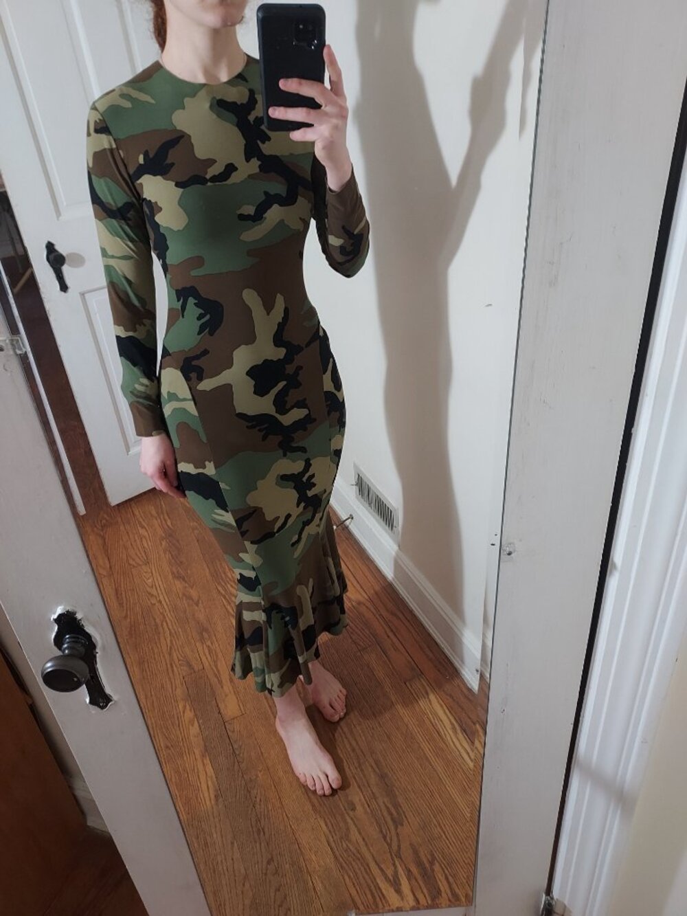 Norma Kamali Camouflage Black Green Brown Fishtail Modest Long Sleeve Crew Fisht